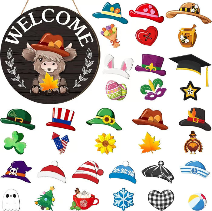 🐇 Easter Sale: 50% OFF!!💥Highland Cow Sign Interchangeable Welcome Sign with Magnet Detachable Hats Cute Cattle Hanging