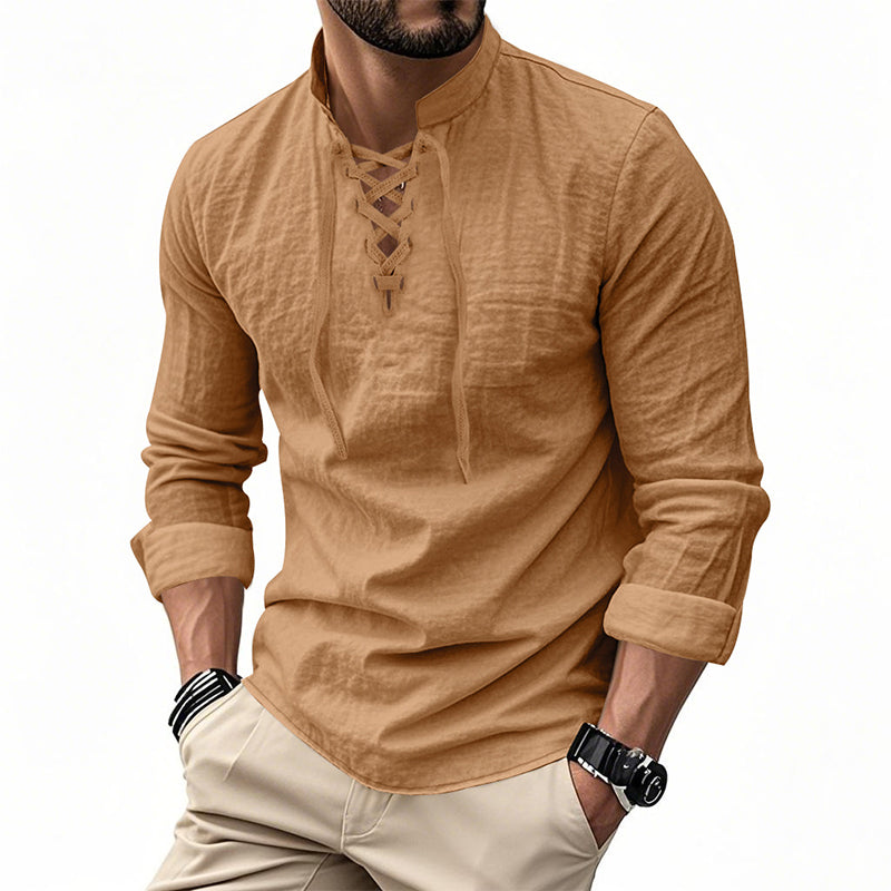 🧥Men's Casual Lace-Up Shirt – Smart in seconds! No-tie modern collar, soft breathable cotton. Effortless style for coffee dates or Sunday roasts. ☕👴