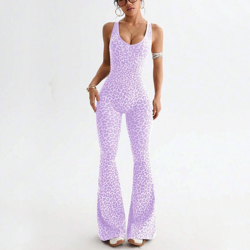 Women's Cheetah Print Workout Jumpsuit with Built-in Bra