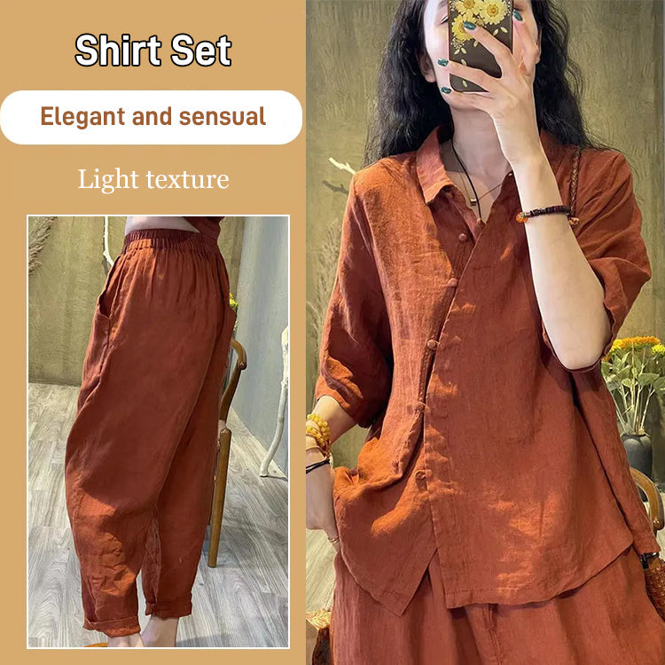 Retro Cotton And Linen Women's 2-piece Casual Shirt Set