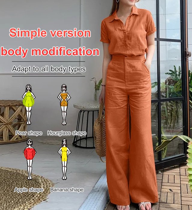 Lapel Cotton Linen Solid Color Short Sleeve Wide Leg Pants 2-piece Set
