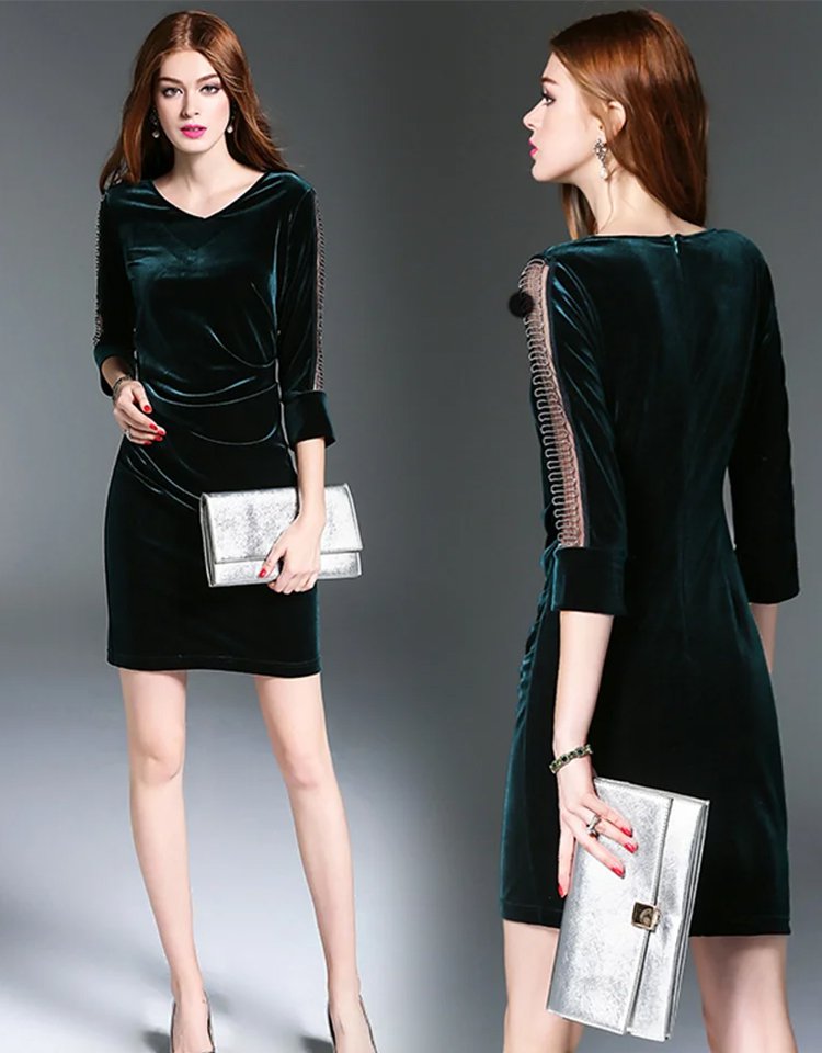 V-neck velvet waist-skimming dress