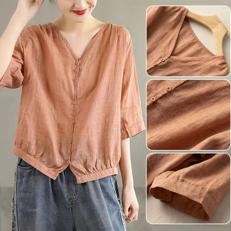 9 Buttons Ramie V-Neck Shirt