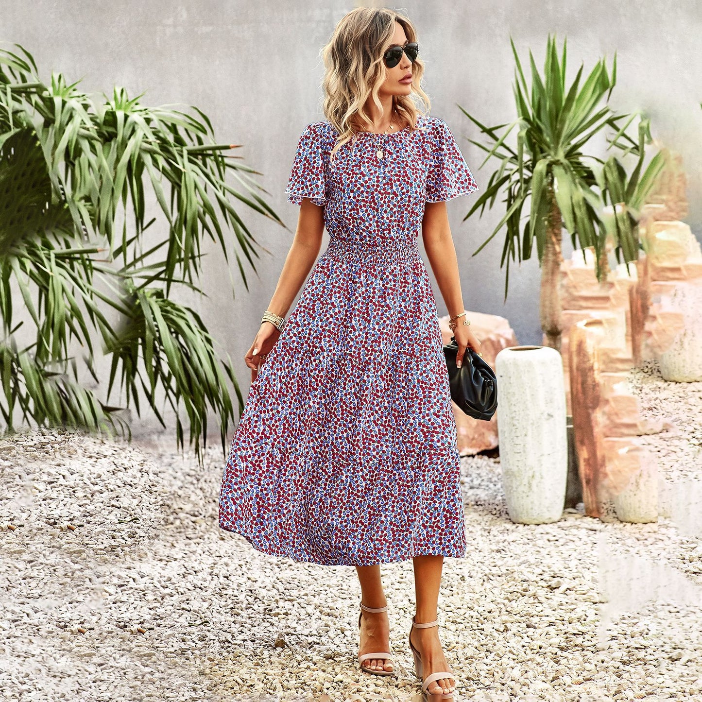 Summer elegant waist short-sleeved long dress