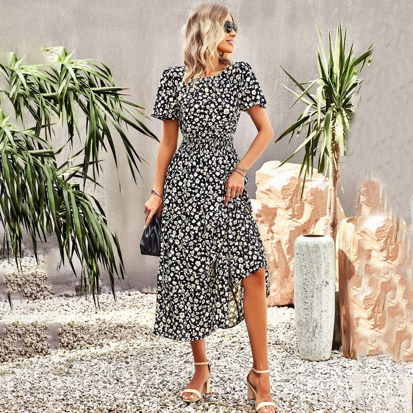 Summer elegant waist short-sleeved long dress