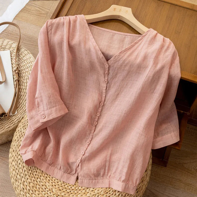 9 Buttons Ramie V-Neck Shirt