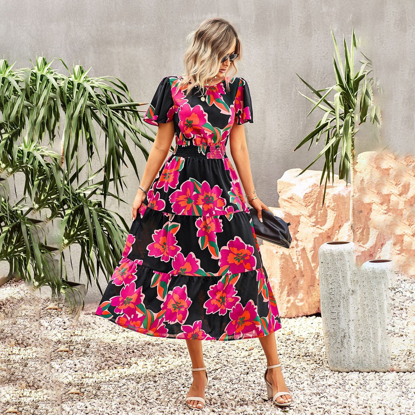 Summer elegant waist short-sleeved long dress