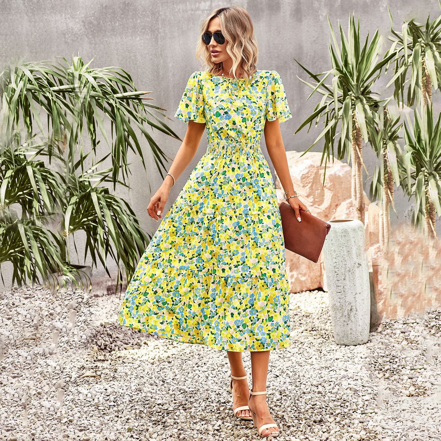 Summer elegant waist short-sleeved long dress