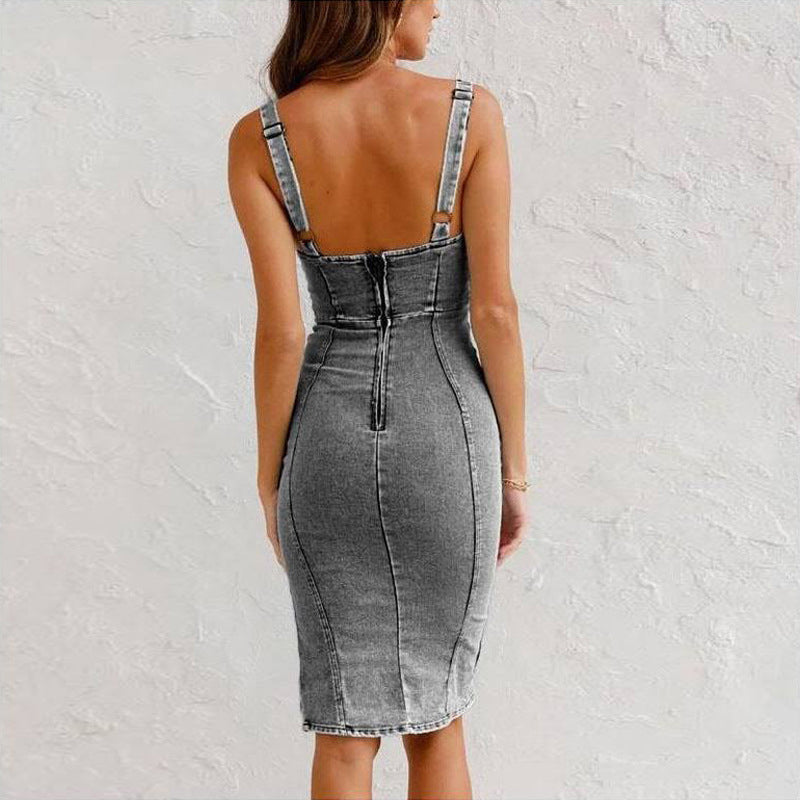 💎 50% OFF! 💎 Women's U-Neck Denim Bodycon Cami Dress – Adjustable Straps, Thigh-High Slit & Stretch Fit 🌞👖