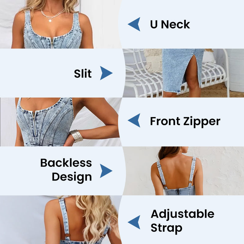 💎 50% OFF! 💎 Women's U-Neck Denim Bodycon Cami Dress – Adjustable Straps, Thigh-High Slit & Stretch Fit 🌞👖