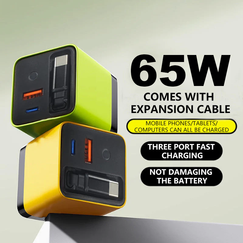 ⚡ 65W Fast Charger with Built-In Retractable USB-C Cable