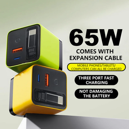 ⚡ 65W Fast Charger with Built-In Retractable USB-C Cable