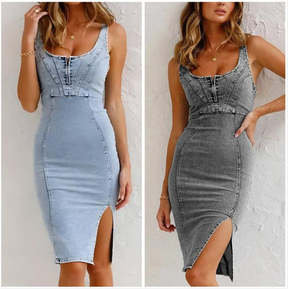 💎 50% OFF! 💎 Women's U-Neck Denim Bodycon Cami Dress – Adjustable Straps, Thigh-High Slit & Stretch Fit 🌞👖