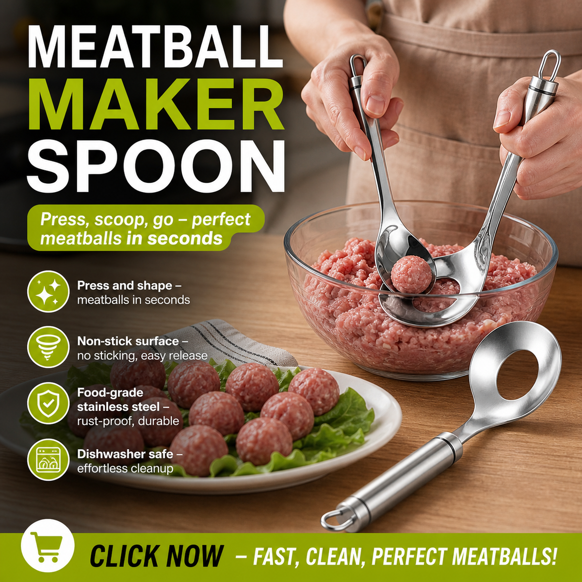🍳50% OFF NOW! Stainless Steel Meatball Maker Spoon, Non‑Stick Scoop & Drain Meat Ball Mold Spoon, Food‑Grade Meat Baller Tool for Quick Mess‑Free Homemade Meatballs