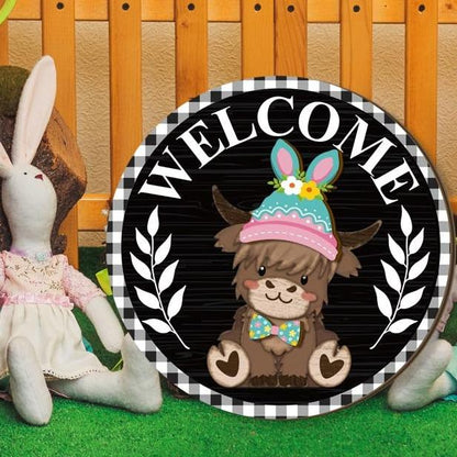 🐇 Easter Sale: 50% OFF！！💥Highland Cow Sign Interchangeable Welcome Sign with Magnet Detachable Hats Cute Cattle Hanging