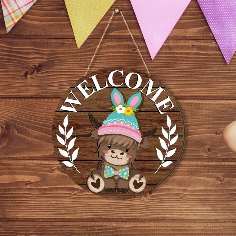 🐇 Easter Sale: 50% OFF！！💥Highland Cow Sign Interchangeable Welcome Sign with Magnet Detachable Hats Cute Cattle Hanging