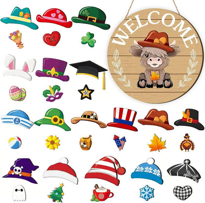 🐇 Easter Sale: 50% OFF！！💥Highland Cow Sign Interchangeable Welcome Sign with Magnet Detachable Hats Cute Cattle Hanging
