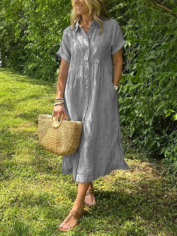 💎 50% OFF! 💎 Striped Lapel Button-Down Shirt Dress – Functional Pockets, Loose Fit & Timeless Elegance 🌟👗