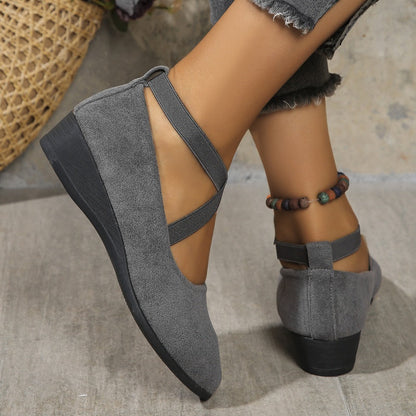 🔥Last Day Promotion 50% Off⏰🌹Elegant Solid Color Elastic Strap Low Wedge Shoes🩰