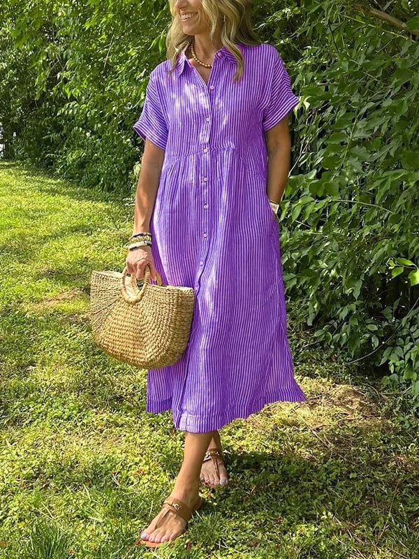 💎 50% OFF! 💎 Striped Lapel Button-Down Shirt Dress – Functional Pockets, Loose Fit & Timeless Elegance 🌟👗