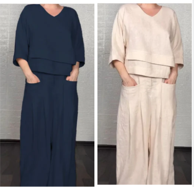 💎 2-piece cotton-linen set with an uneven hem – V-neck top + wide-leg pants, breathable & effortlessly stylish 🍂👚