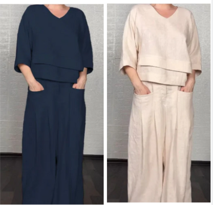 💎 2-piece cotton-linen set with an uneven hem – V-neck top + wide-leg pants, breathable & effortlessly stylish 🍂👚