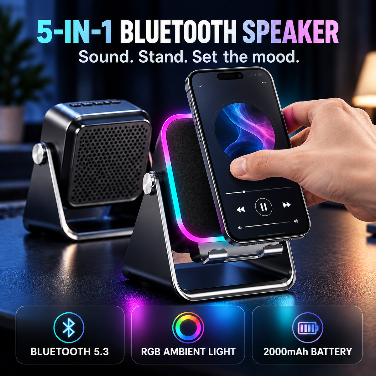 🔊 5-in-1 Bluetooth Speaker with Induction Charging & Adjustable Phone Stand