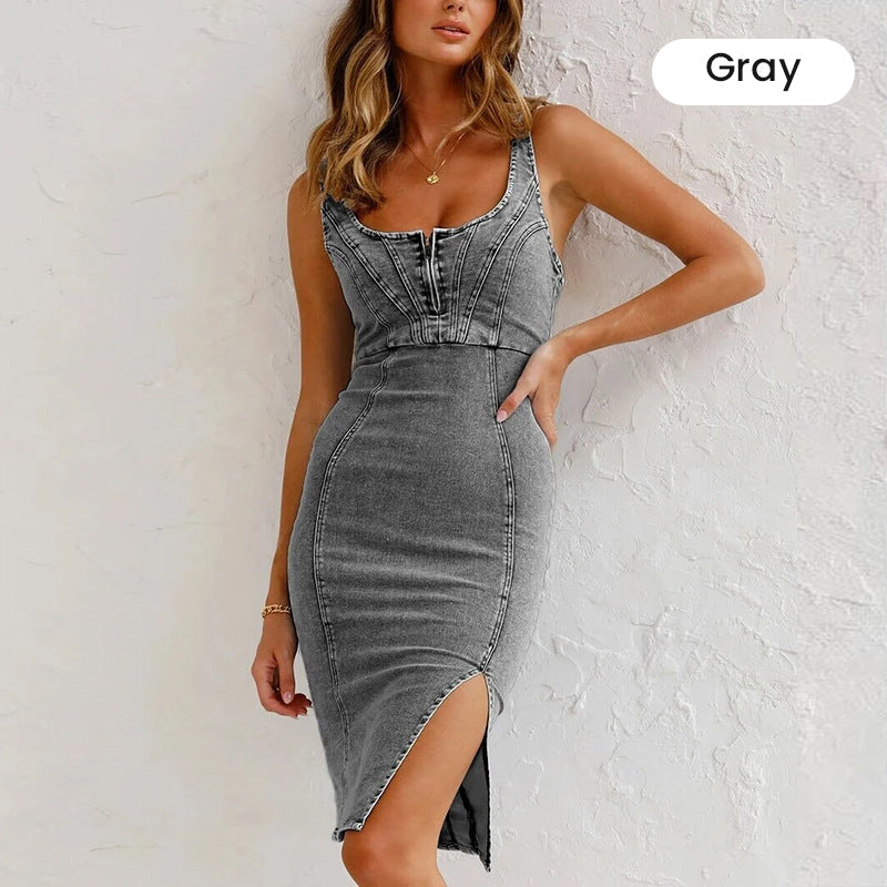 💎 50% OFF! 💎 Women's U-Neck Denim Bodycon Cami Dress – Adjustable Straps, Thigh-High Slit & Stretch Fit 🌞👖