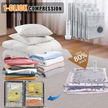 【2026 Upgraded】 Cordless Travel Vacuum Storage Bag Set – 15-Pack Compression Bags for Carry-On Suitcases – 140L/Min Powerful Air Removal – USB Rechargeable Handheld Pump with Built-In Battery – Space Saver for Clothes & Packing， waterproof, reusable