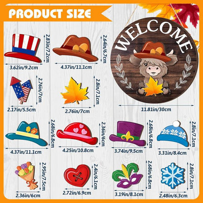 🐇 Easter Sale: 50% OFF！！💥Highland Cow Sign Interchangeable Welcome Sign with Magnet Detachable Hats Cute Cattle Hanging