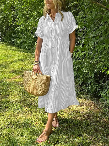 💎 50% OFF! 💎 Striped Lapel Button-Down Shirt Dress – Functional Pockets, Loose Fit & Timeless Elegance 🌟👗