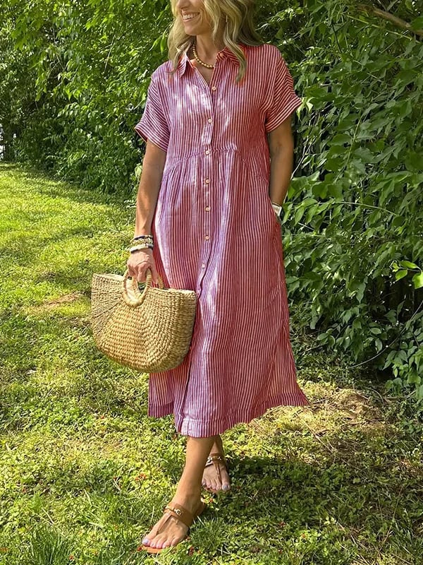💎 50% OFF! 💎 Striped Lapel Button-Down Shirt Dress – Functional Pockets, Loose Fit & Timeless Elegance 🌟👗