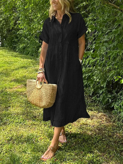 💎 50% OFF! 💎 Striped Lapel Button-Down Shirt Dress – Functional Pockets, Loose Fit & Timeless Elegance 🌟👗