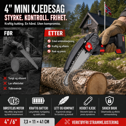 🪓 Børsteløs bærbar minisag – kraftig motor, langvarig batteri, lett og ergonomisk. Perfekt til beskjæring, ved og hagearbeid – sikker og effektiv! 🌳🔋