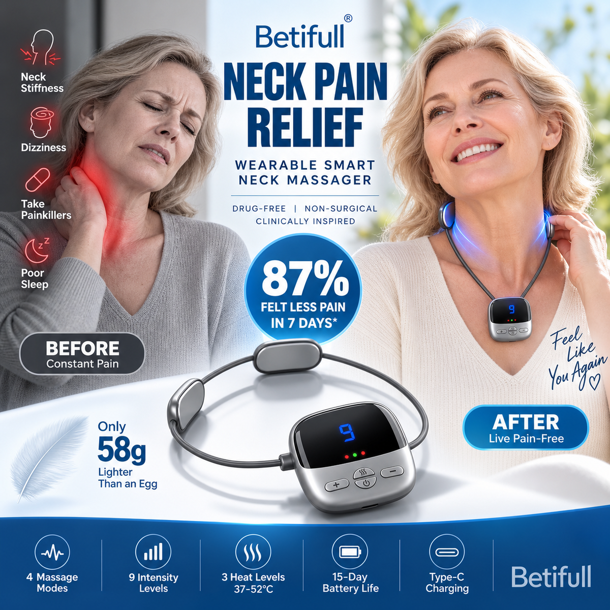 💆 Wearable Pendant Neck Massager with Heat & Adjustable Intensity