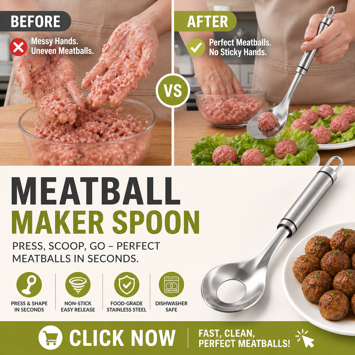 🍳50% OFF NOW! Stainless Steel Meatball Maker Spoon, Non‑Stick Scoop & Drain Meat Ball Mold Spoon, Food‑Grade Meat Baller Tool for Quick Mess‑Free Homemade Meatballs