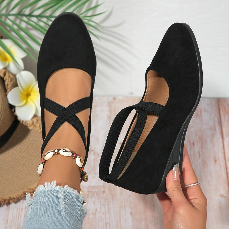 🔥Last Day Promotion 50% Off⏰🌹Elegant Solid Color Elastic Strap Low Wedge Shoes🩰