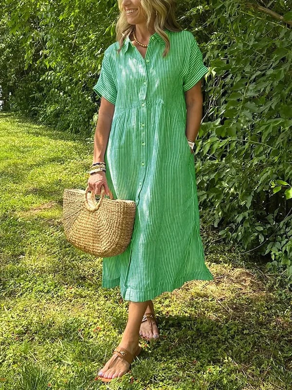 💎 50% OFF! 💎 Striped Lapel Button-Down Shirt Dress – Functional Pockets, Loose Fit & Timeless Elegance 🌟👗