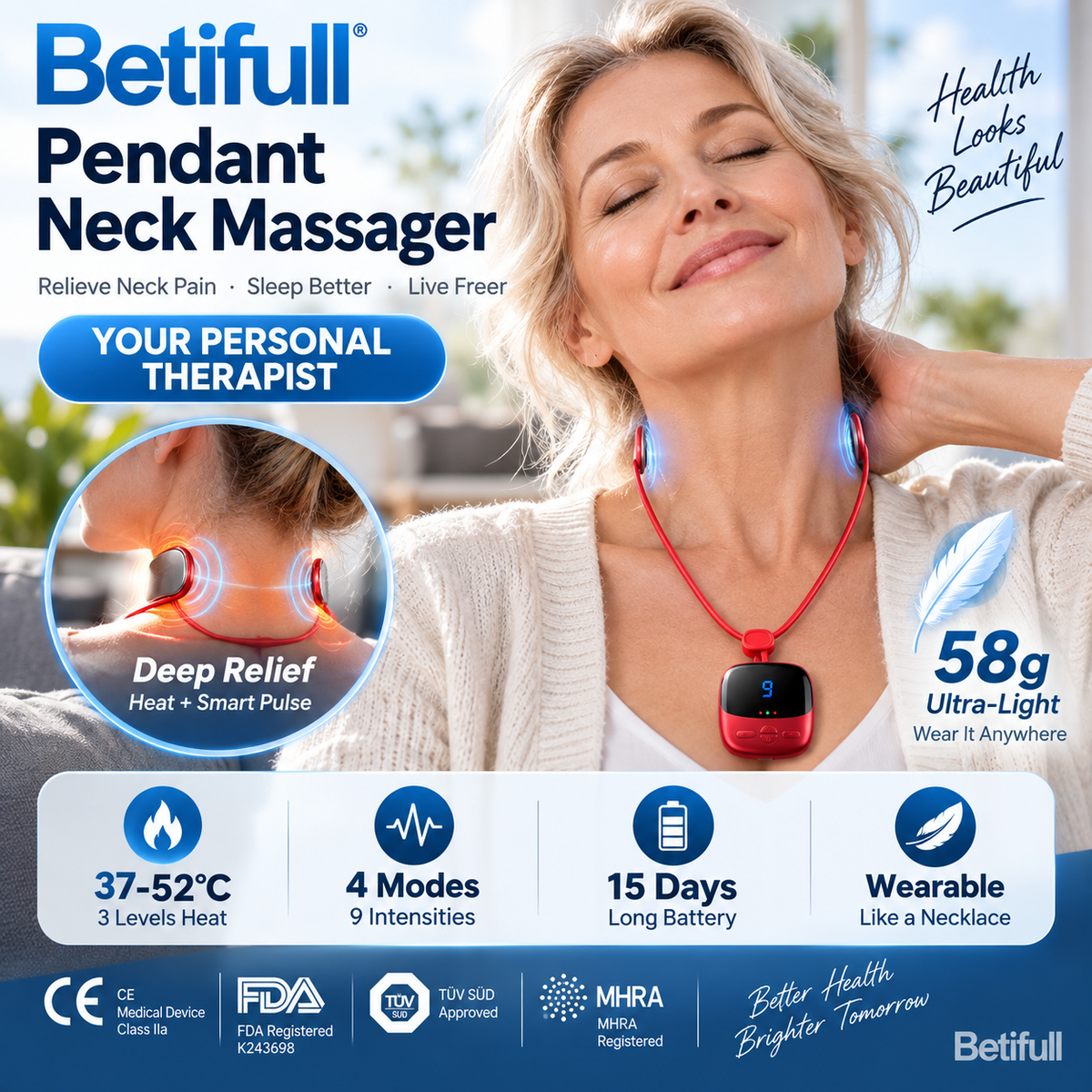 💆 Wearable Pendant Neck Massager with Heat & Adjustable Intensity