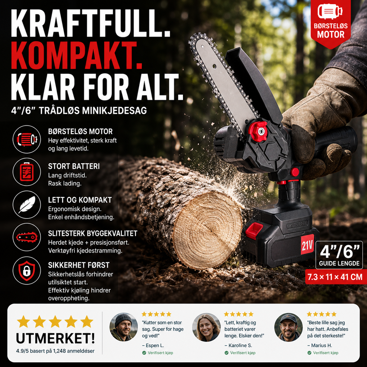 🪓 Børsteløs bærbar minisag – kraftig motor, langvarig batteri, lett og ergonomisk. Perfekt til beskjæring, ved og hagearbeid – sikker og effektiv! 🌳🔋