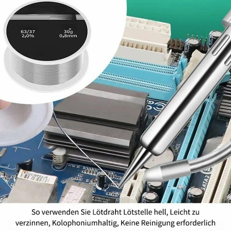 Soldering wire and soldering iron on computer motherboard, premium electronics tool from clarioy