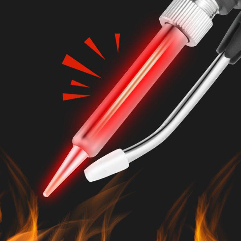 Red hot auto tool tip with metal handle above flames, clarioy premium automotive accessory