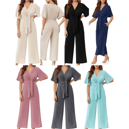 🌞Summer Sale 50% OFF🔥Women's Elegant V-Neck Wide Leg Waist Tie Jumpsuit
