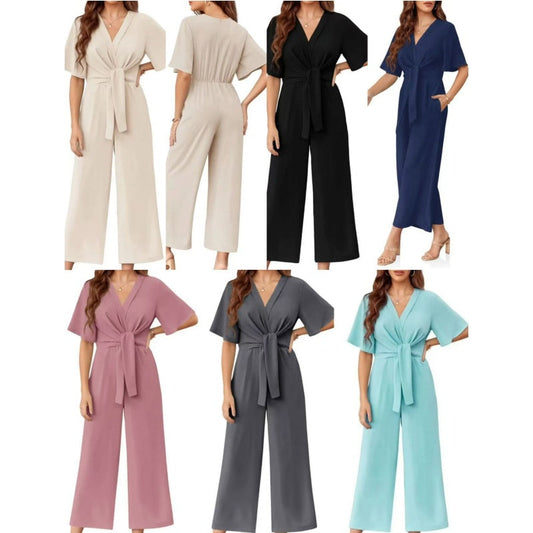 🌞Summer Sale 50% OFF🔥Women's Elegant V-Neck Wide Leg Waist Tie Jumpsuit
