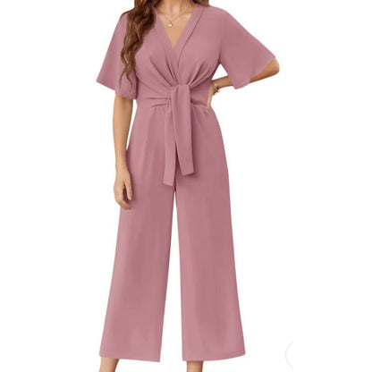 🌞Summer Sale 50% OFF🔥Women's Elegant V-Neck Wide Leg Waist Tie Jumpsuit