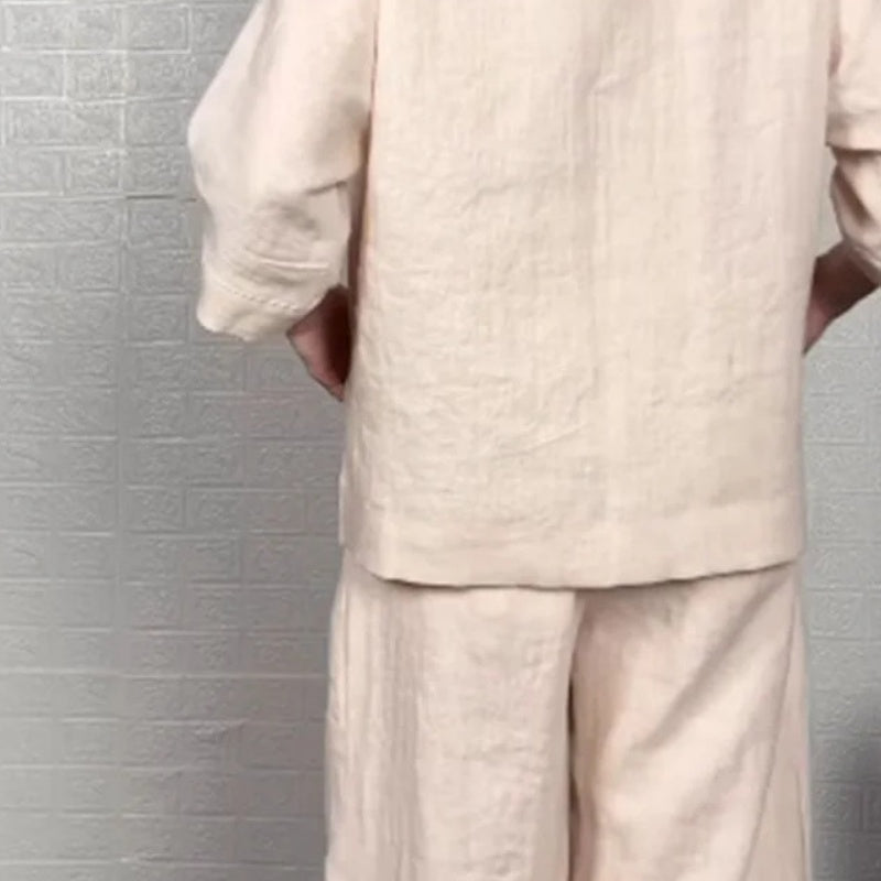 💎 2-piece cotton-linen set with an uneven hem – V-neck top + wide-leg pants, breathable & effortlessly stylish 🍂👚