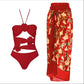 Women's Fashional Flower Prints One Piece Swimsuit and Skirt