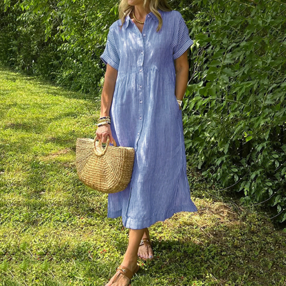 💎 50% OFF! 💎 Striped Lapel Button-Down Shirt Dress – Functional Pockets, Loose Fit & Timeless Elegance 🌟👗
