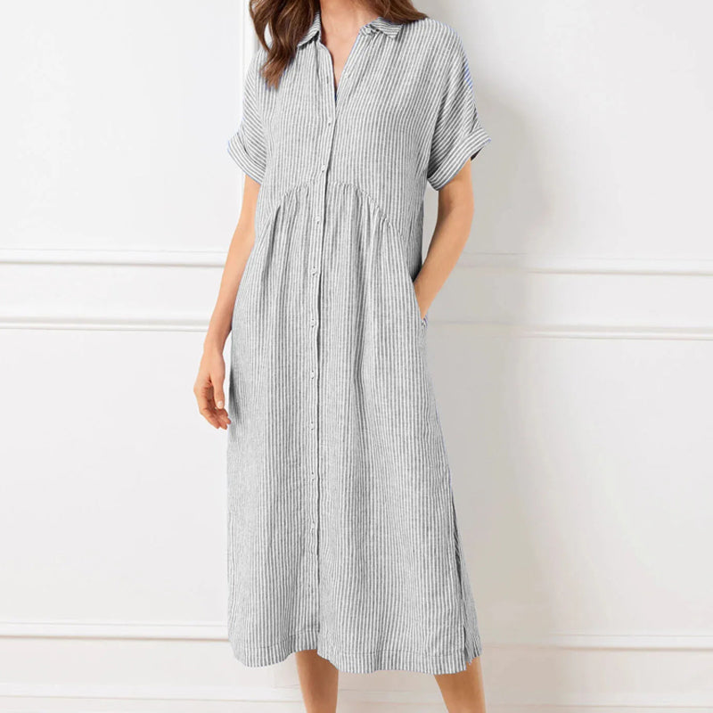 💎 50% OFF! 💎 Striped Lapel Button-Down Shirt Dress – Functional Pockets, Loose Fit & Timeless Elegance 🌟👗