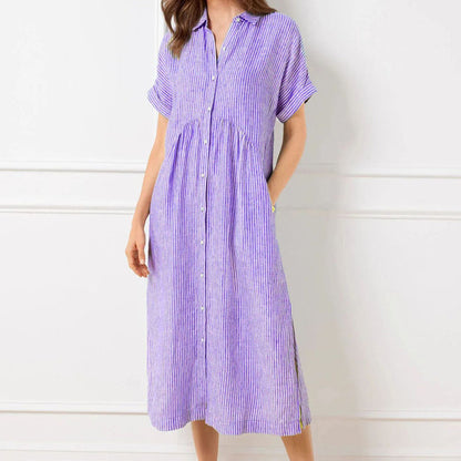 💎 50% OFF! 💎 Striped Lapel Button-Down Shirt Dress – Functional Pockets, Loose Fit & Timeless Elegance 🌟👗